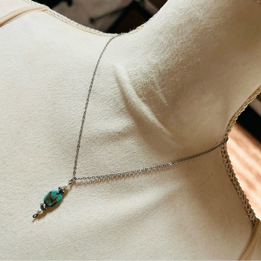 Handcrafted silver plated African turquoise faux pearl pendant on chain necklace